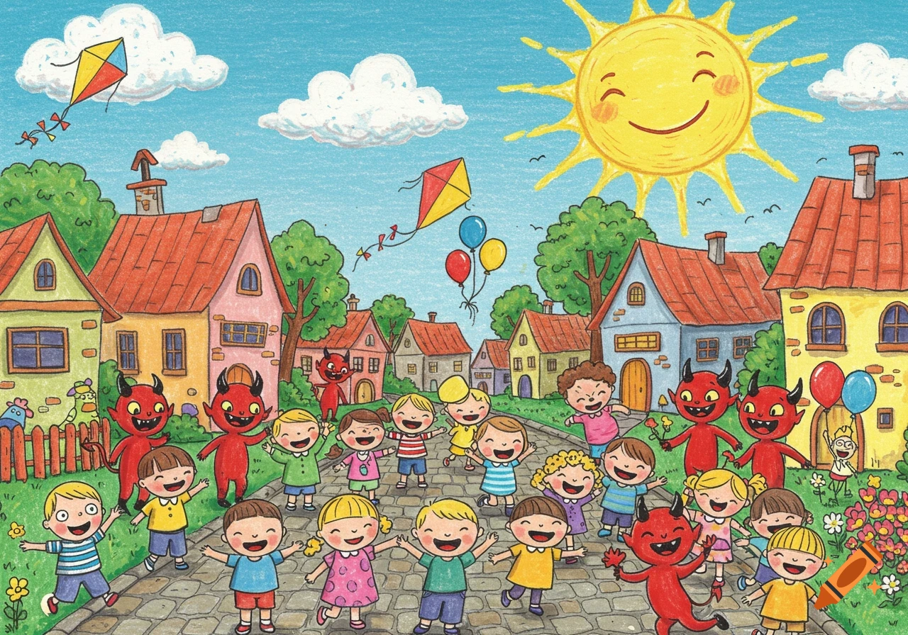 A vibrant crayon-style illustration shows happy children and friendly red devils playing in a cheerful village under a smiling sun.
