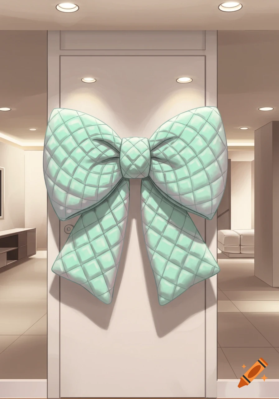 An illustrated pastel mint green quilted bow hangs on a light-colored door in a modern room with soft lighting.