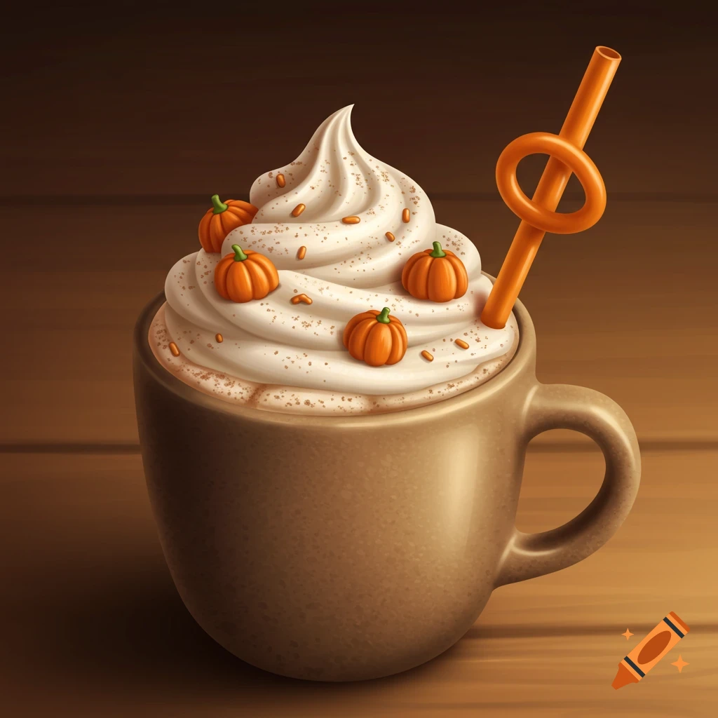 A digitally drawn autumn drink in a brown mug, topped with whipped cream, pumpkin-shaped candies, and an orange straw.