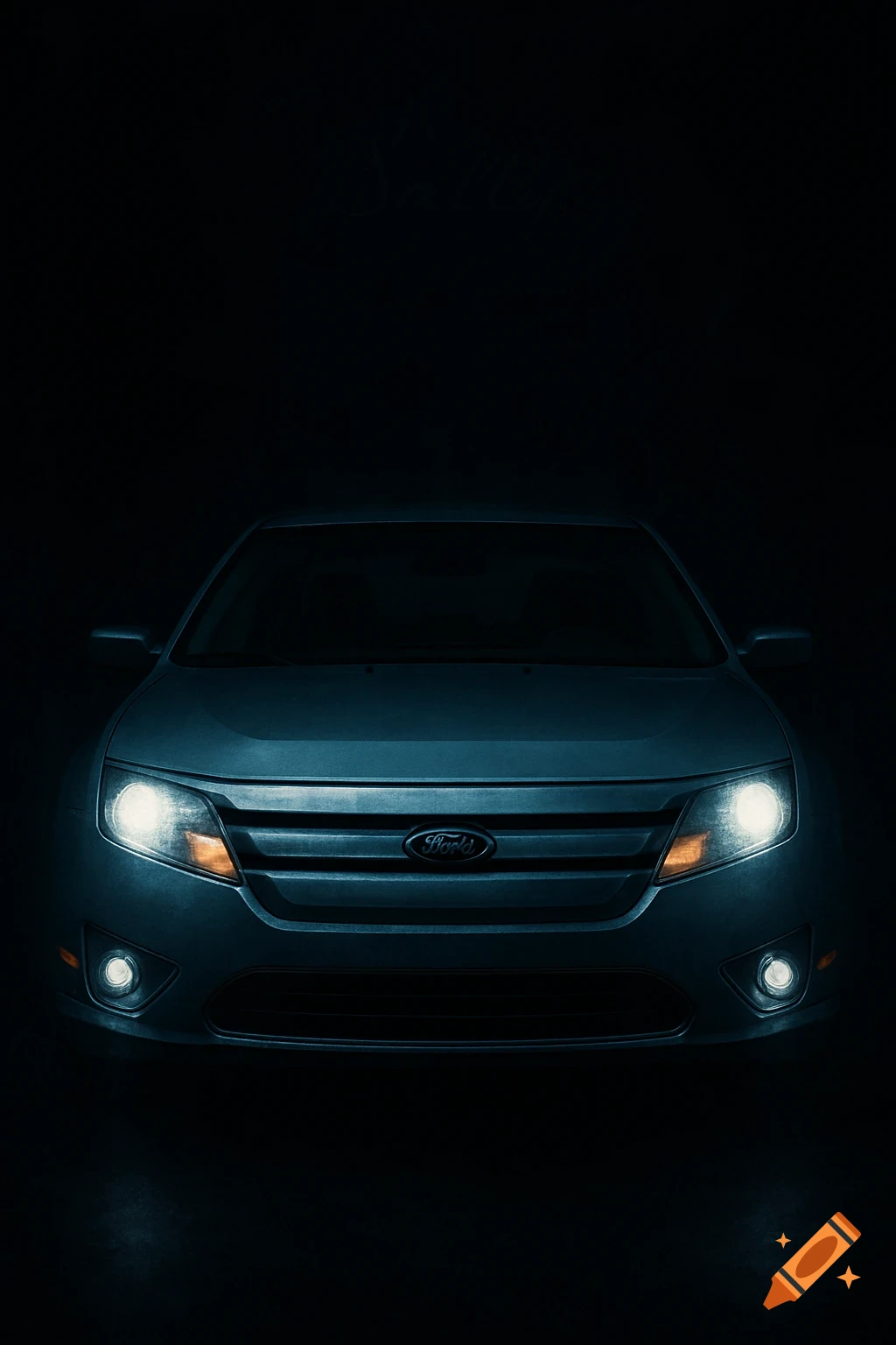Front view of a dark blue 2010 Ford Fusion with headlights and fog lights on, barely visible against a black background.