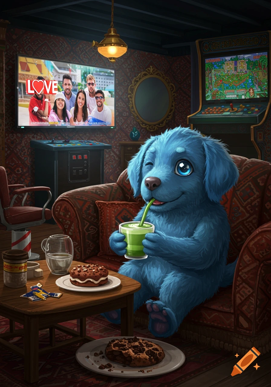 A blue furry creature with large eyes sits on a patterned armchair, sipping a green smoothie with a straw. It watches a TV showing people and a "LOVE" sign, while a barber pole and an arcade game are visible in the cozy room.