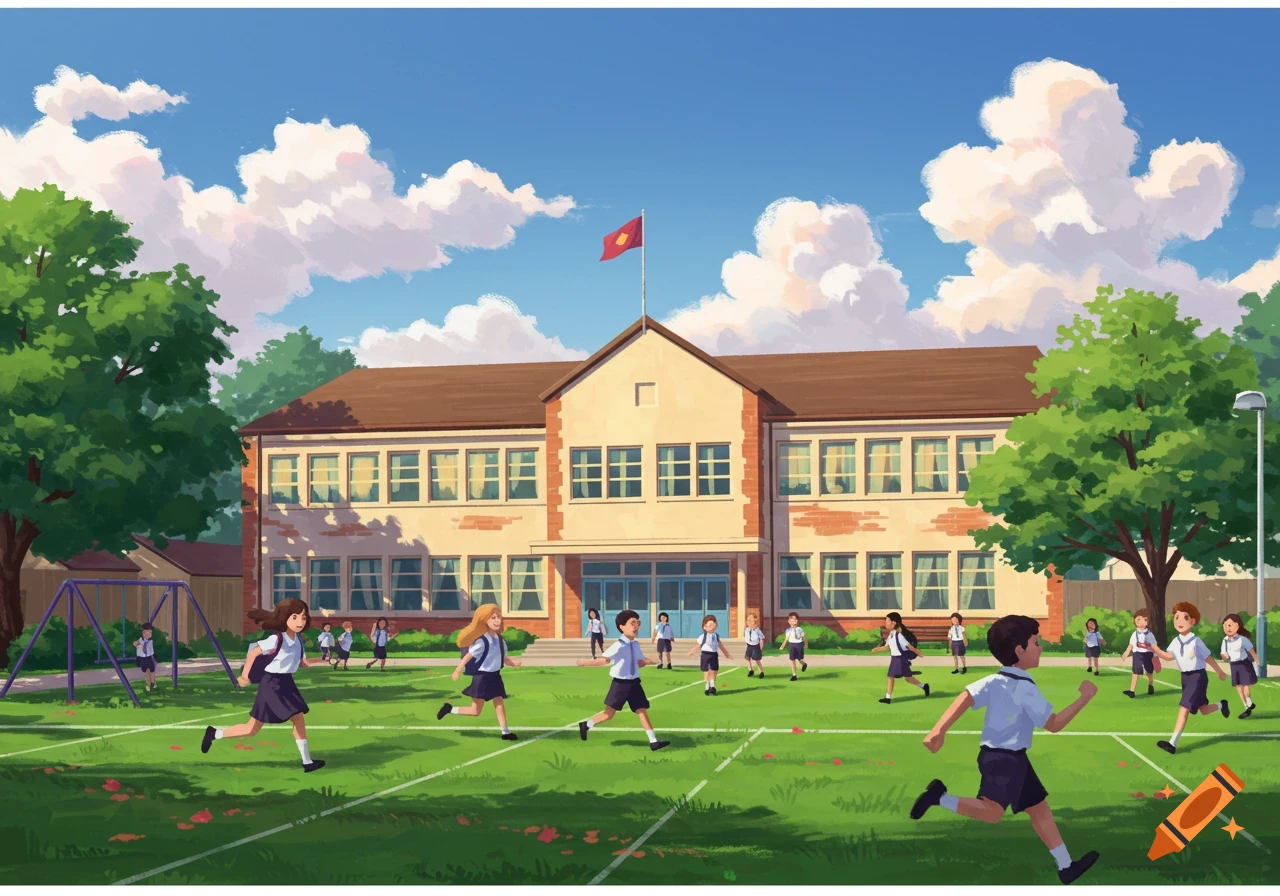 Illustration of children running on a green lawn in front of a school building under a blue sky with white clouds.