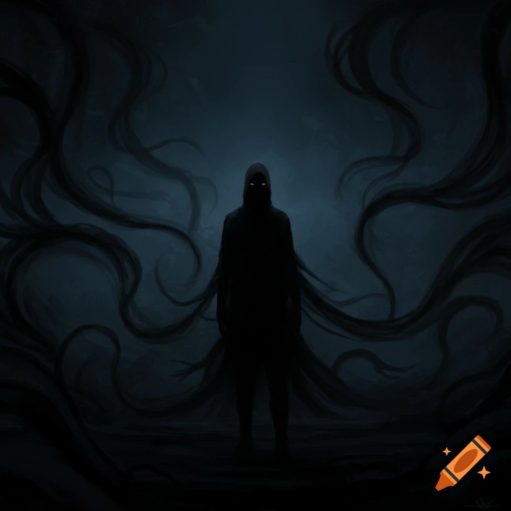 A dark, hooded figure with glowing white eyes stands in shadow, surrounded by swirling black tendrils.