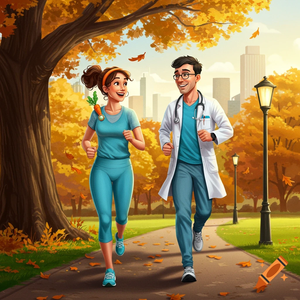A cartoon doctor and a woman in teal scrubs jog through an autumn park with city buildings in the background.