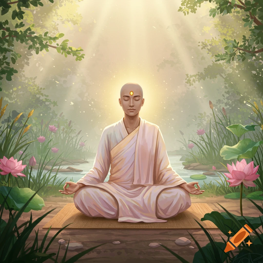 Illustrated person with a glowing forehead meditating in lotus position amidst lush greenery, water, and pink lotus flowers under sun rays.