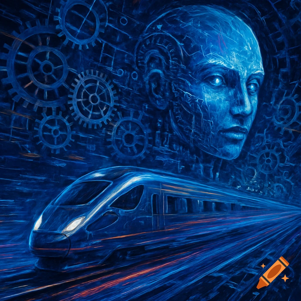 A blue stylized digital painting of an AI head, gears, and a speeding futuristic train.