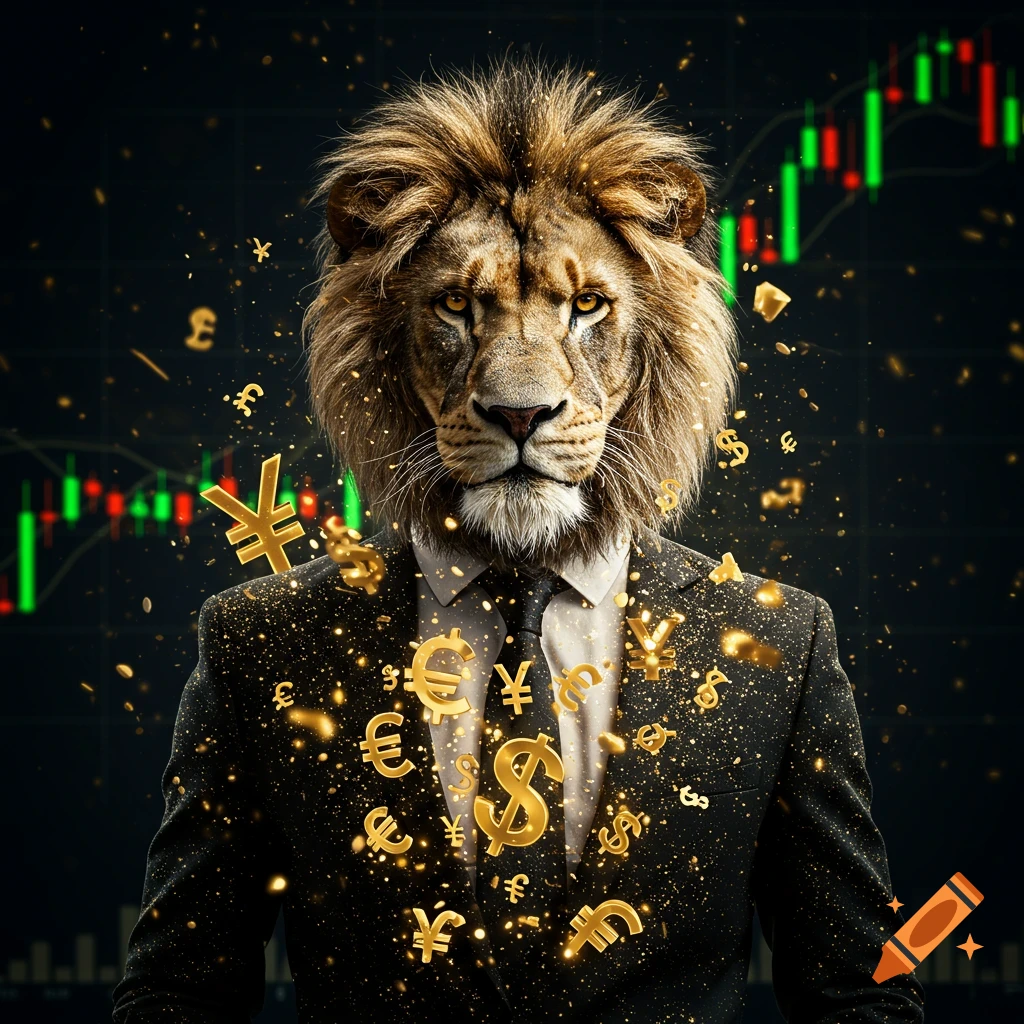 A lion-headed man in a black business suit, surrounded by floating golden currency symbols, with a green and red day trading chart in the dark background.