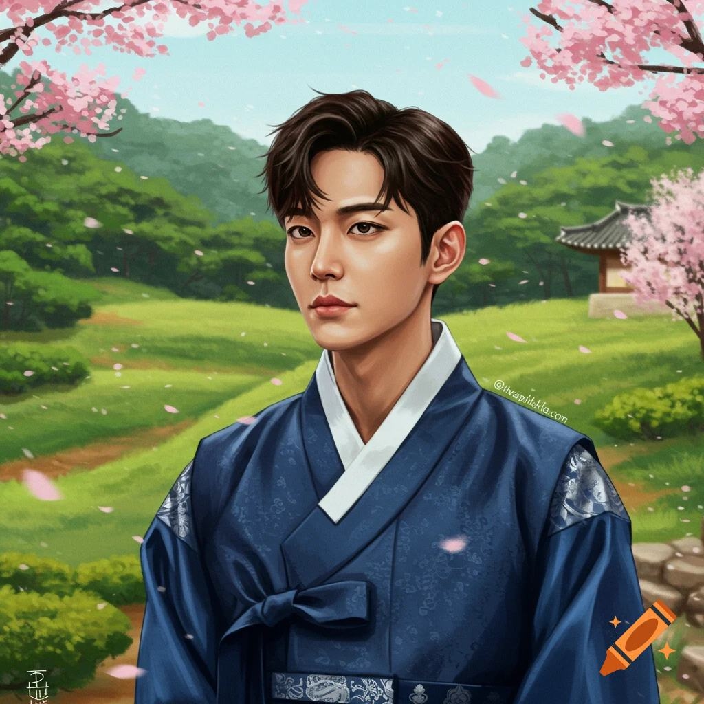 Digital illustration of a young man in a blue hanbok standing in a cherry blossom garden.