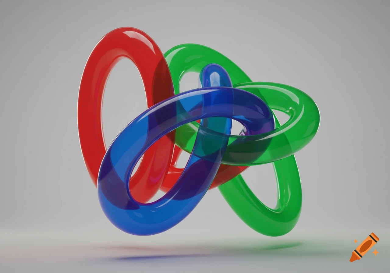 Three shiny, intertwined translucent ellipses in red, blue, and green against a light gray background.