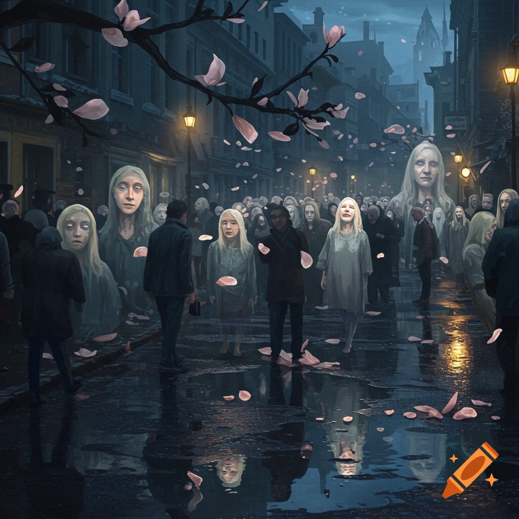 Gloomy street scene at dusk with ghostly, pale figures and a few solid people. Pink petals fall onto the wet, reflective street, with city buildings in the background.
