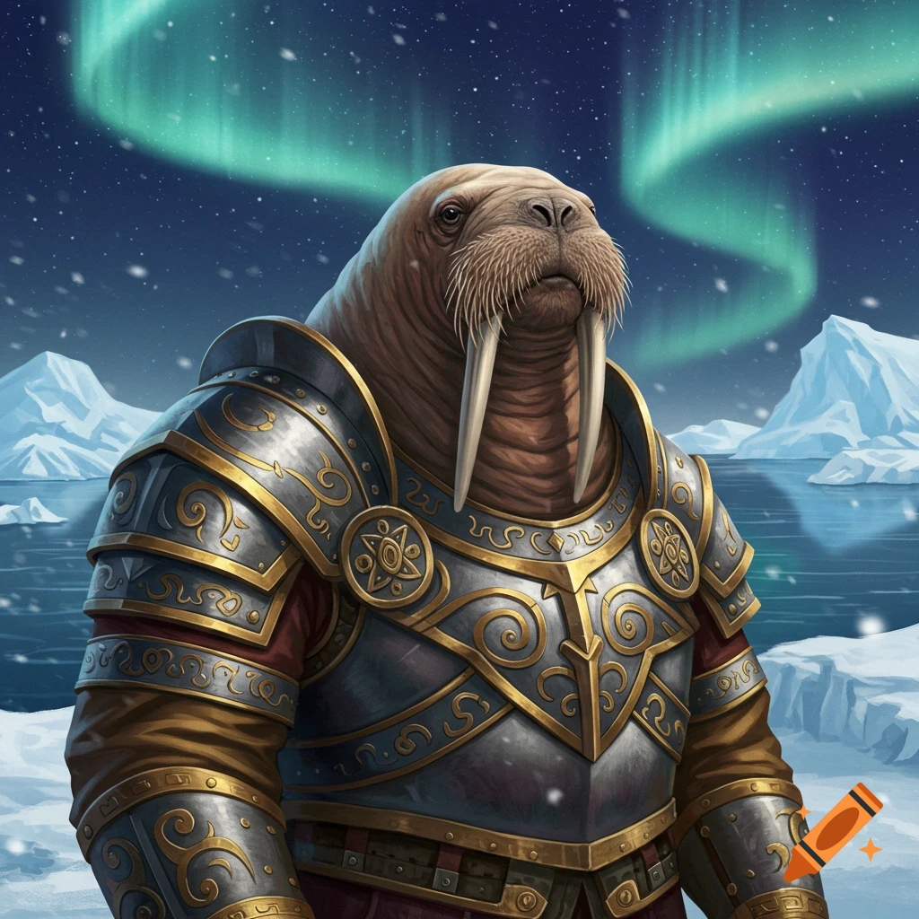 An anthropomorphic walrus knight in detailed armor stands in a snowy arctic landscape under the aurora borealis.