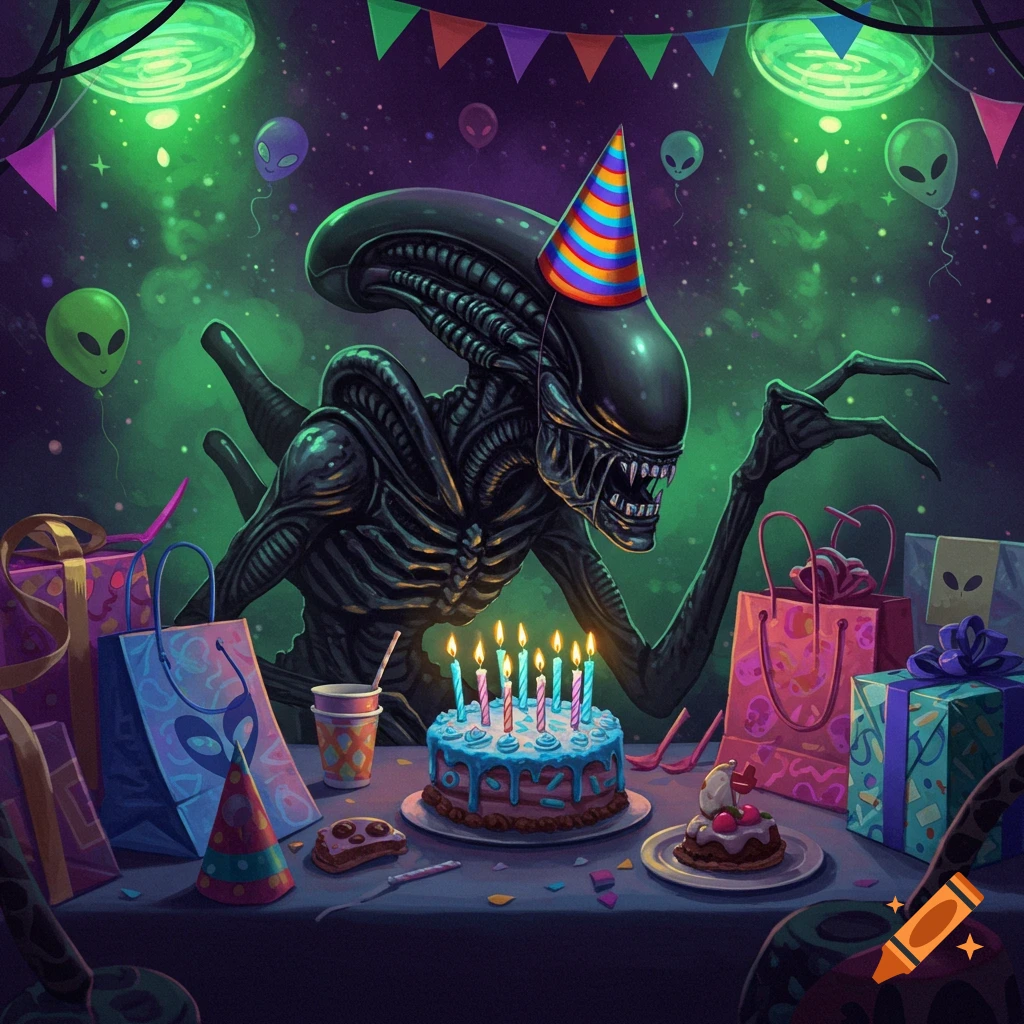 A cartoonish Xenomorph alien in a party hat sits at a table with a birthday cake, candles, and colorful gifts in space.