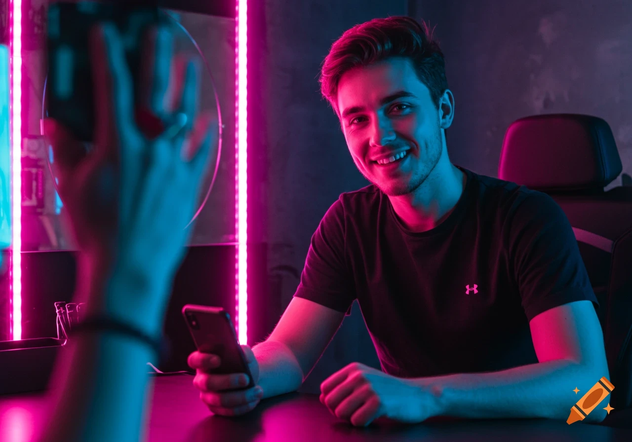 A young man smiles at the camera, sitting at a desk lit by neon pink and blue lights, holding a smartphone. A blurry hand is in the foreground.