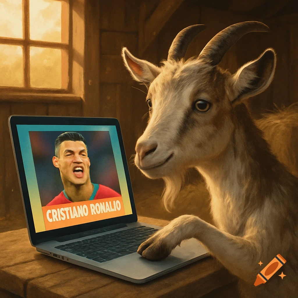 A goat gazes at a laptop displaying a meme of Cristiano Ronaldo with his name 'CRISTIANO RONALIO' on screen.
