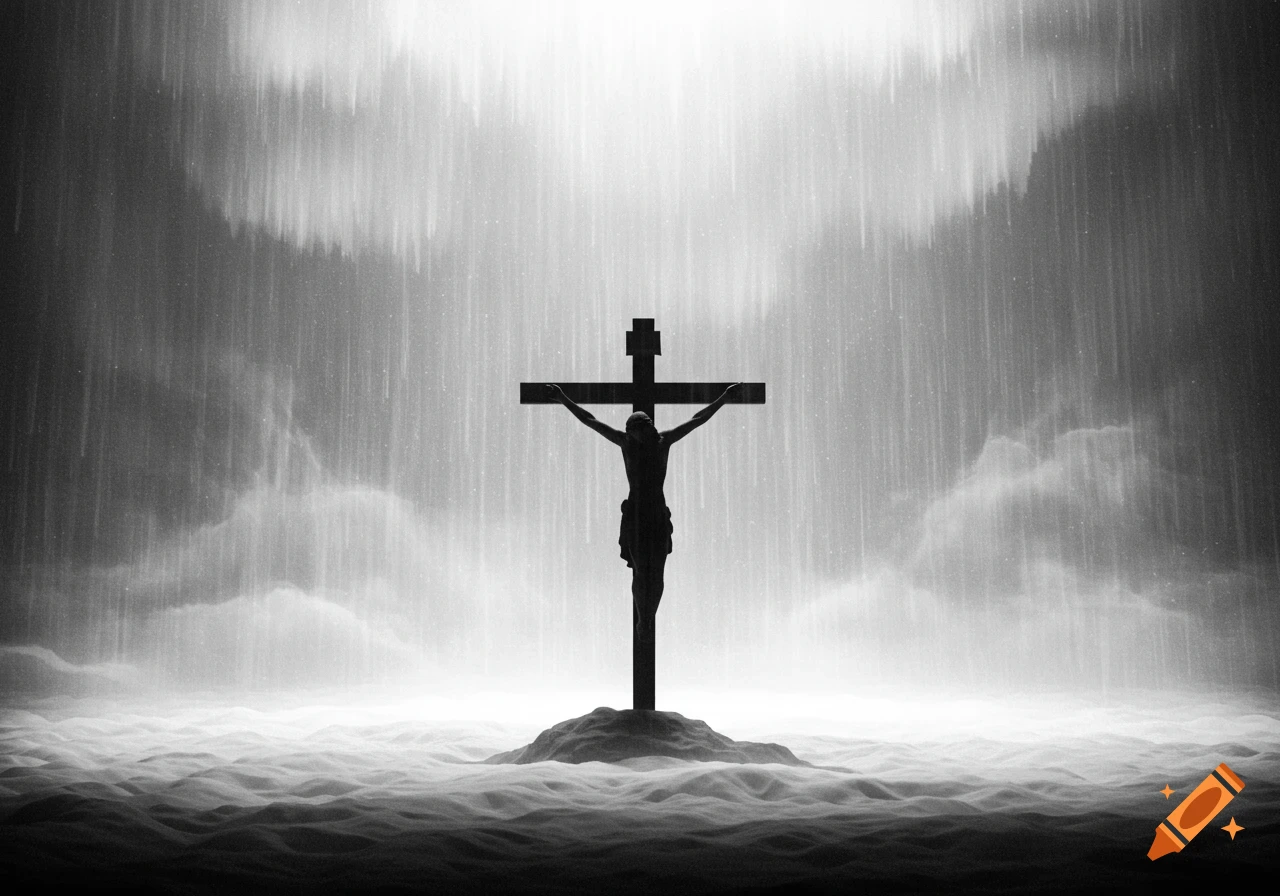 Silhouette of Christ on the cross on a mound, under a stormy, grainy sky with light rays.