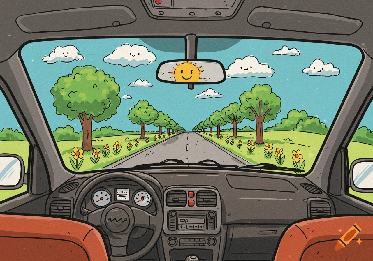 Cartoon view from inside a car looking out at a sunny road with trees, flowers, and smiling clouds. Children's drawing style.