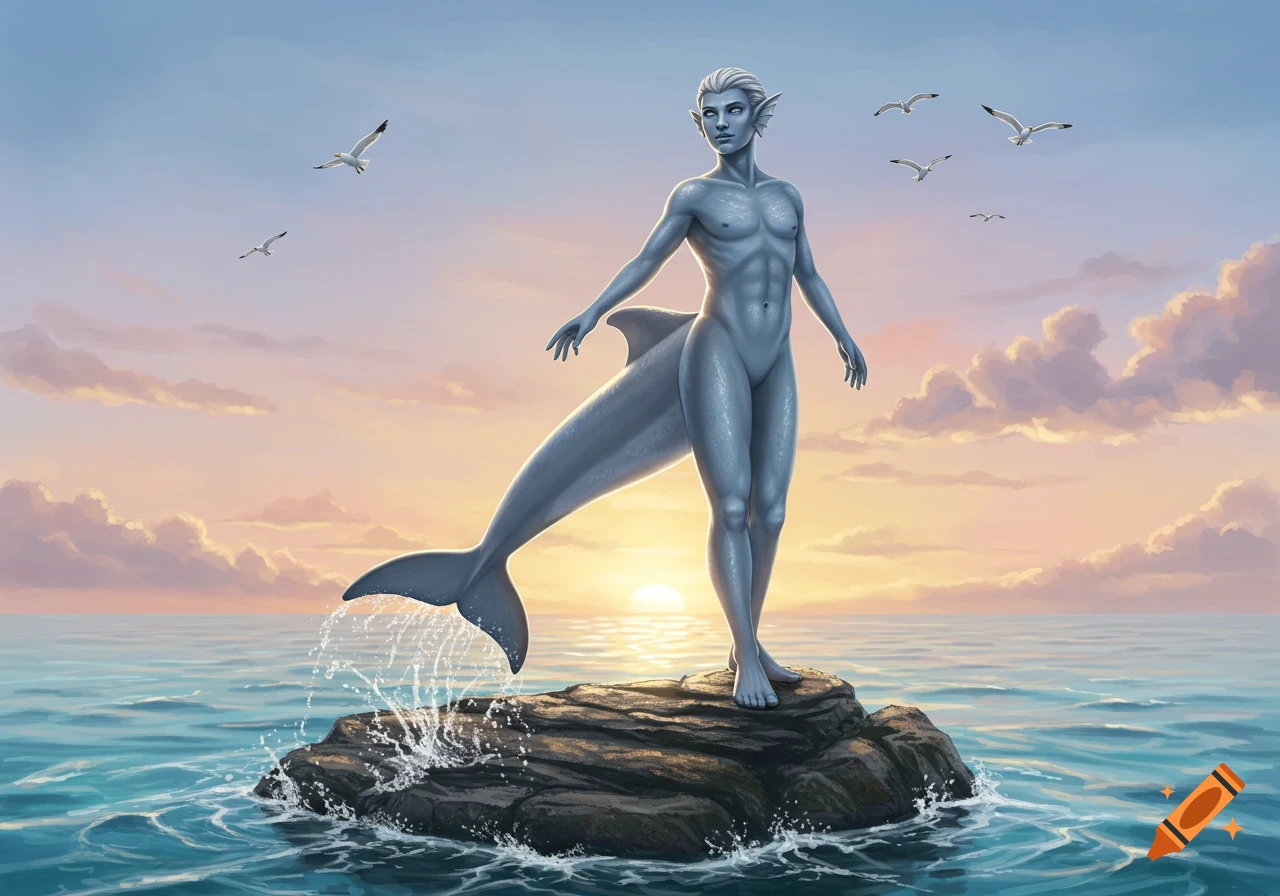 A blue-skinned male dolphinfolk stands nude on a rock in the ocean during a colorful sunset, with seagulls flying above. Digital art.