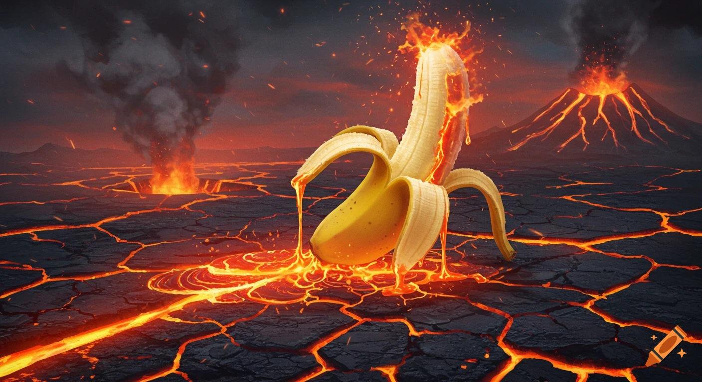 A peeled banana glowing with fiery orange lava, dripping onto a cracked, dark landscape with two erupting volcanoes in the background.
