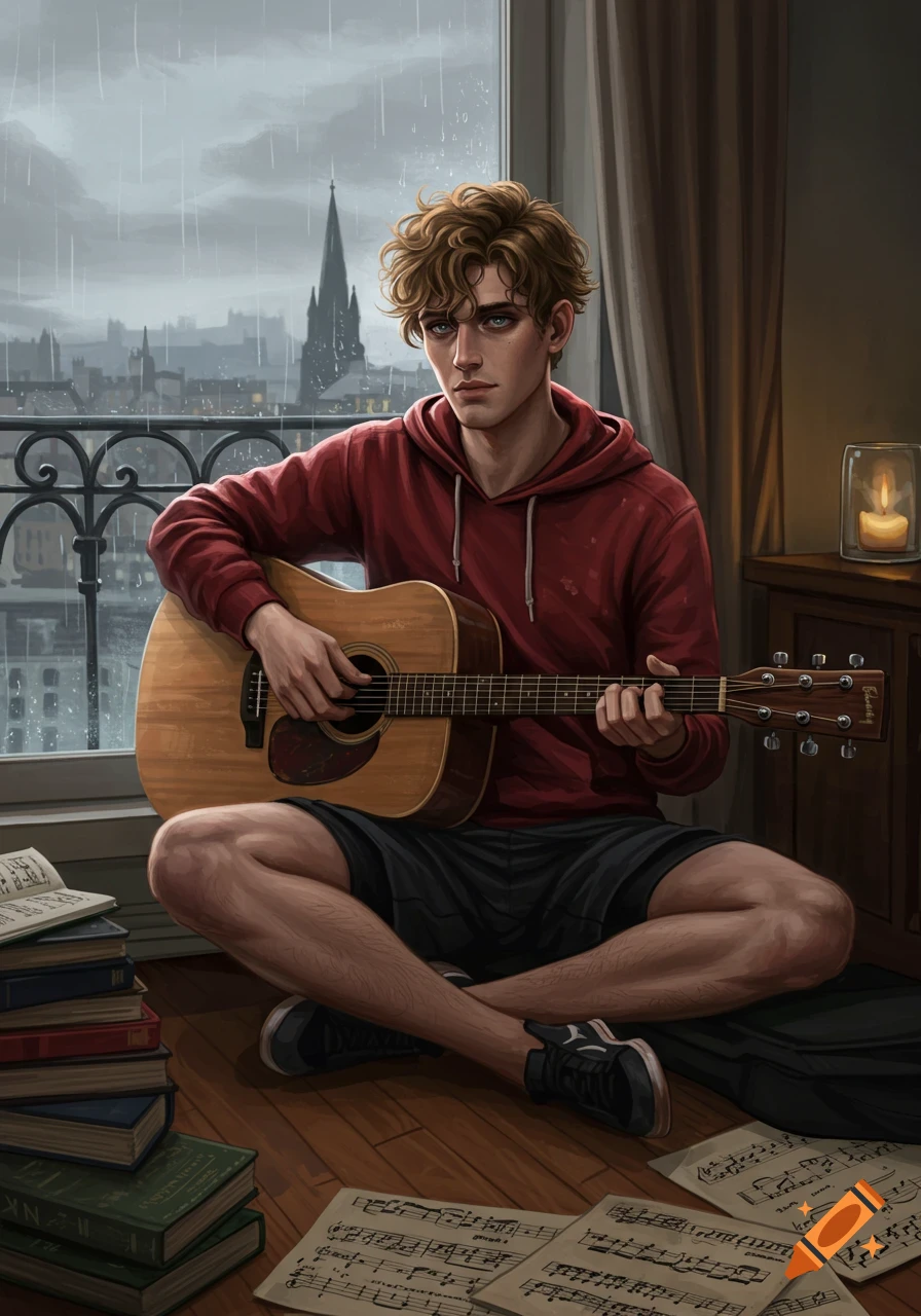 A young man with curly blonde hair and blue eyes plays an acoustic guitar while sitting on the floor indoors. Rain falls outside a large window overlooking a city skyline with a tall spire. Books and sheet music are scattered around him.