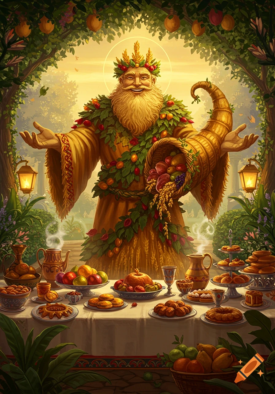 A richly detailed illustration of a jolly, bearded god of food under a leafy arch, holding a cornucopia, with a lavish table of food.