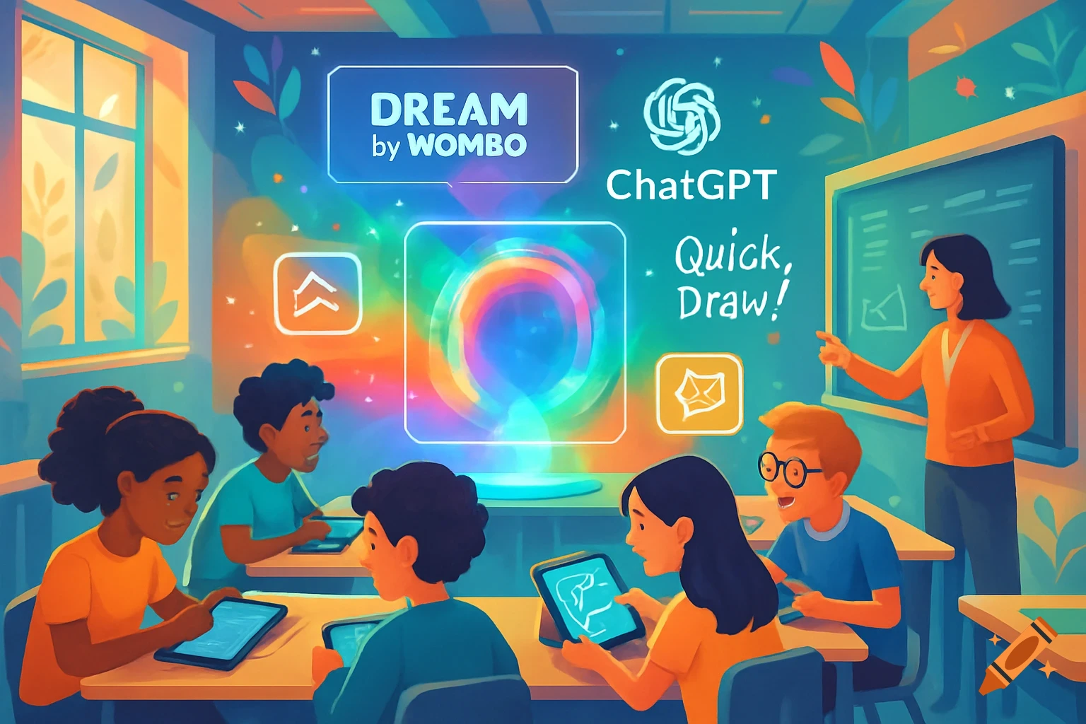 A teacher points to a chalkboard while students use tablets in a brightly colored classroom with AI app logos on a digital display.