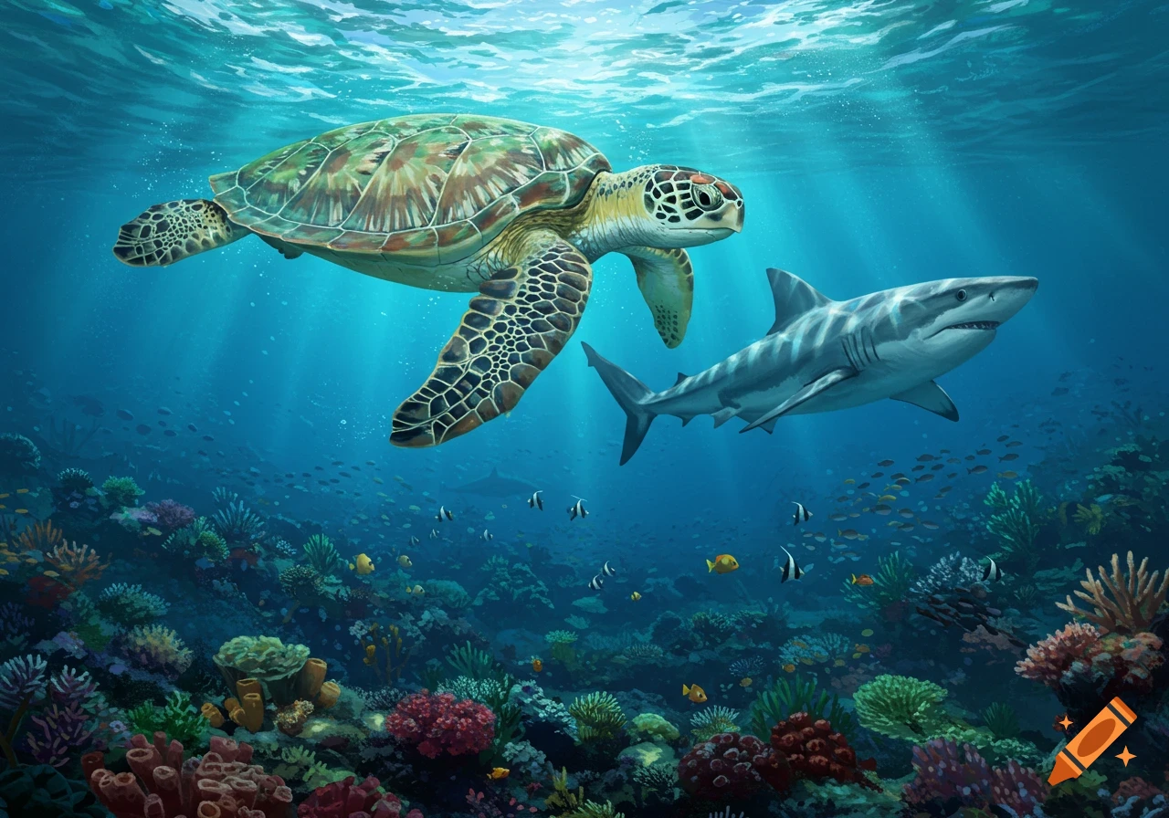 An illustration of a sea turtle and a great white shark swimming together above a vibrant coral reef.