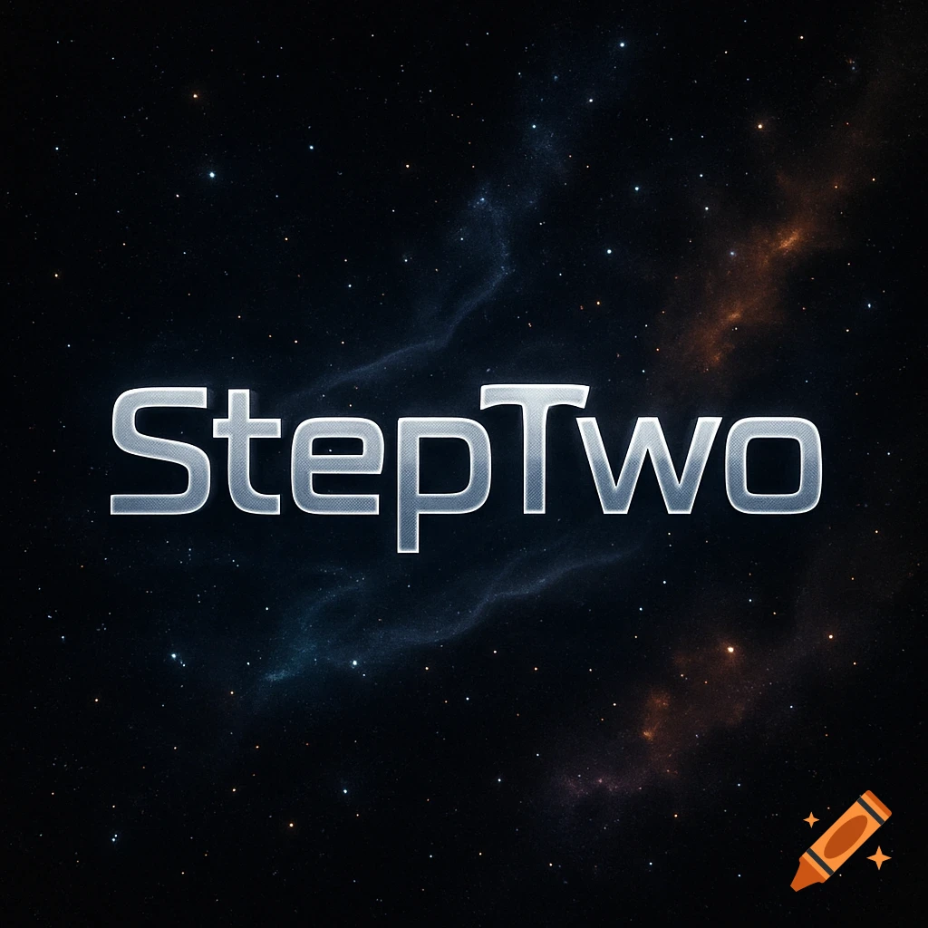 A metallic, silver logo spelling "StepTwo" against a dark starry space background with faint nebulae.
