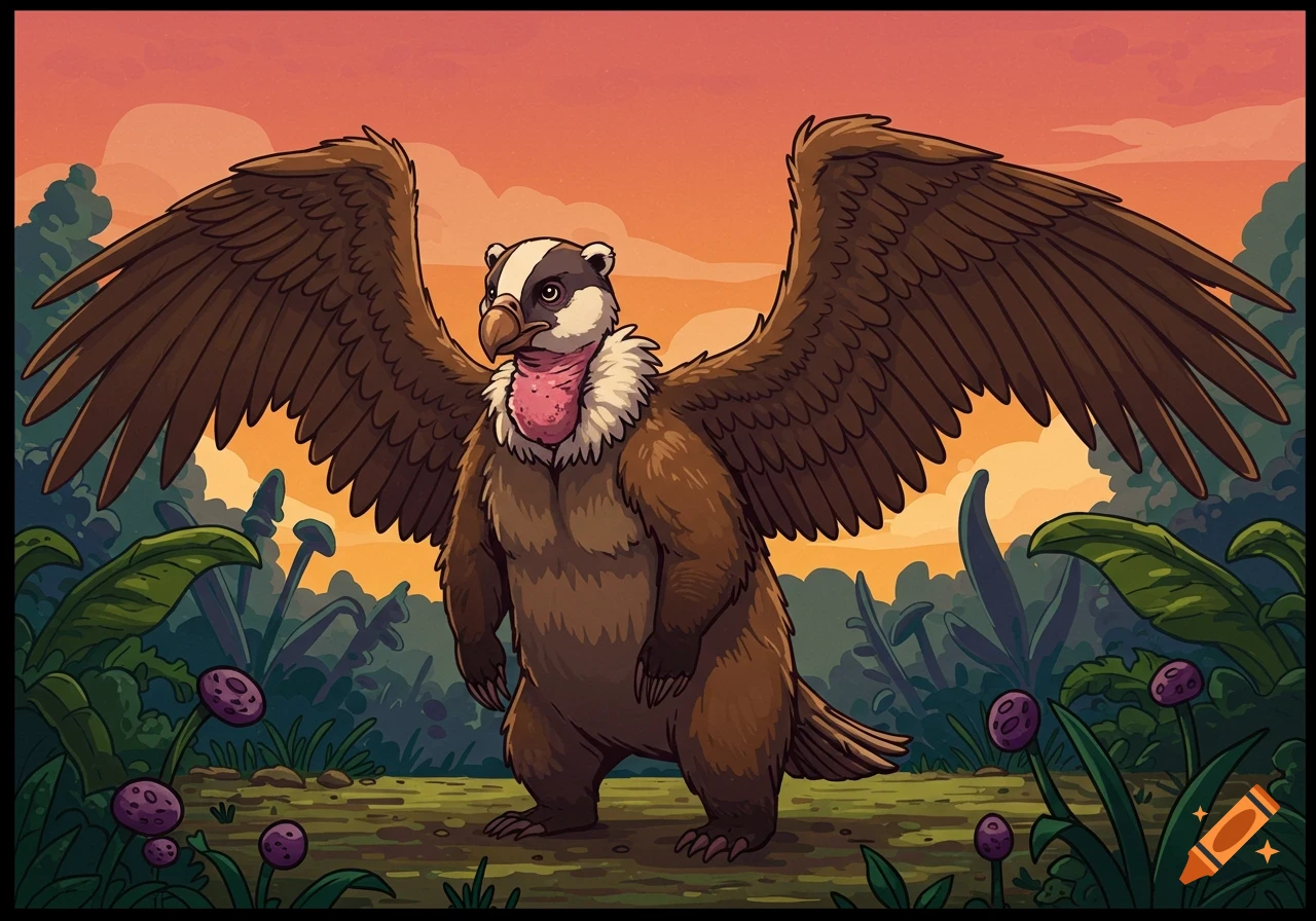 A cartoon badger-vulture hybrid with brown fur, large wings, and a pink neck stands in a jungle with an orange sky.