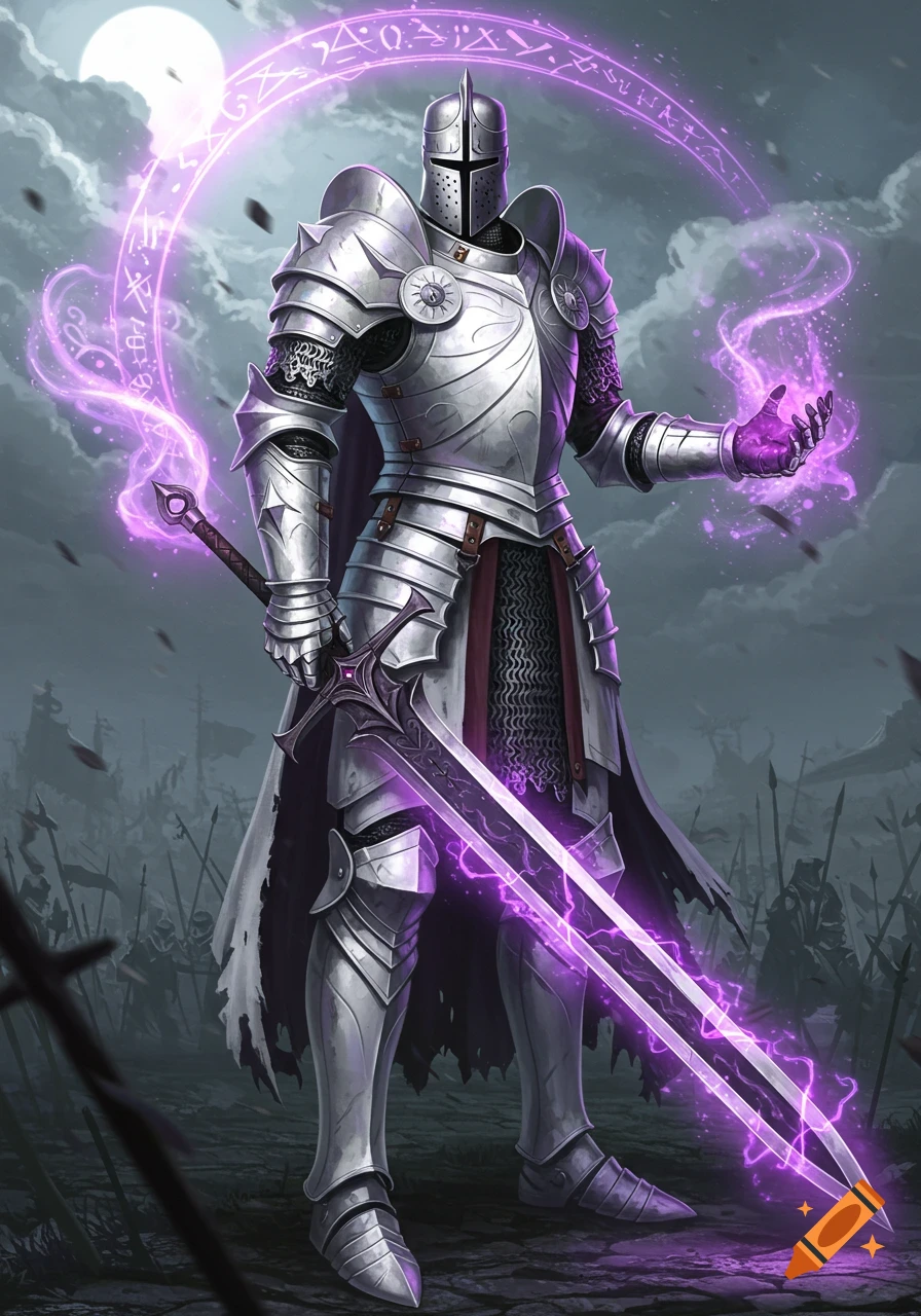 A knight in shining silver plate armor holds a glowing purple greatsword and wields purple arcane energy in a fantasy battle scene.