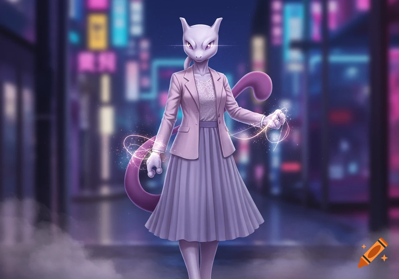Mewtwo in a lavender blazer and pleated skirt, with glowing energy around its hands, stands on a neon city street at night.