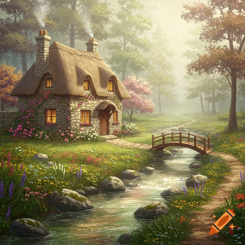 An idyllic stone cottage with a thatched roof and climbing flowers beside a winding stream with a wooden bridge in a misty forest.