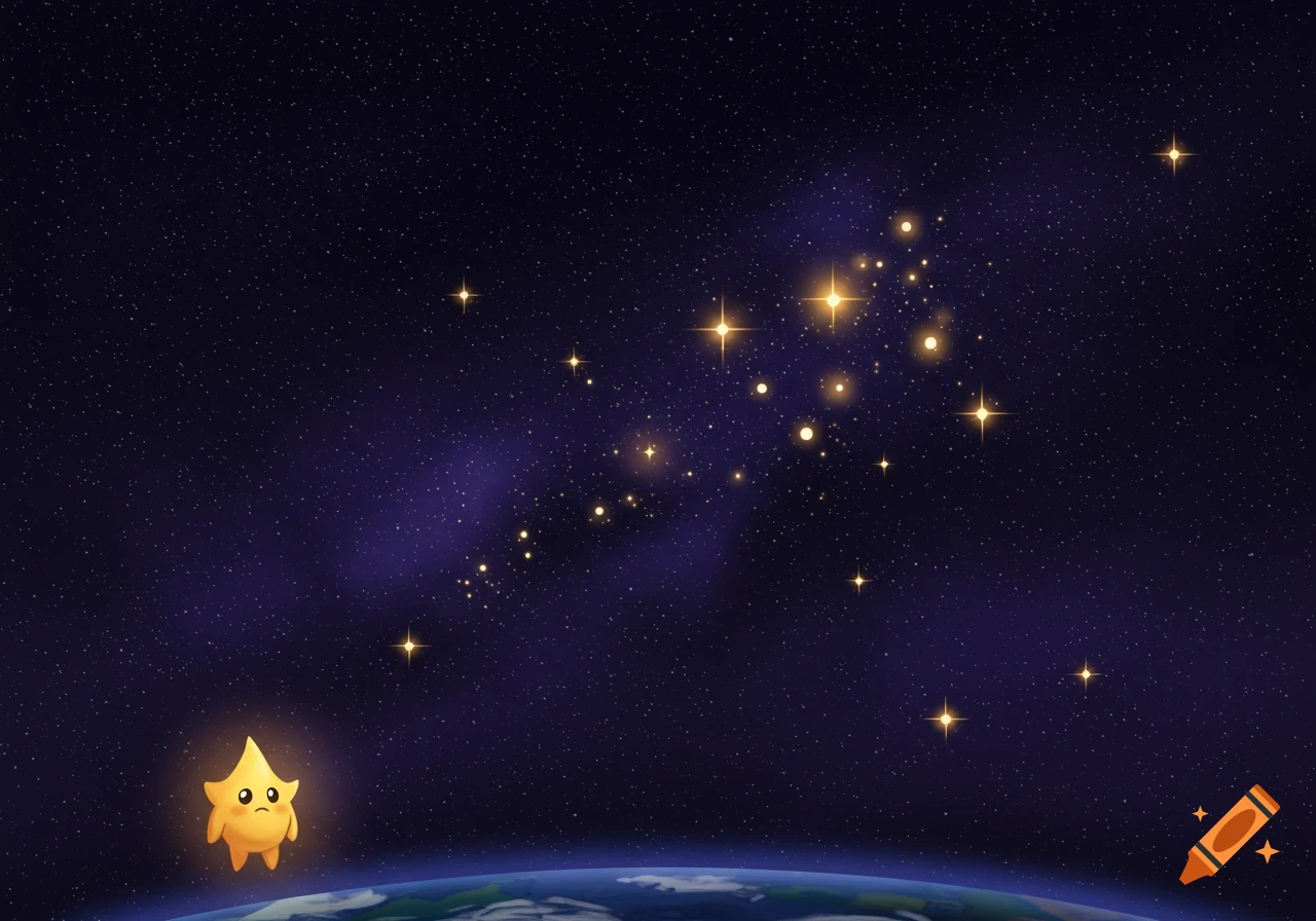 A small, sad, glowing yellow cartoon star floats above Earth against a dark, star-filled night sky with a bright nebula.
