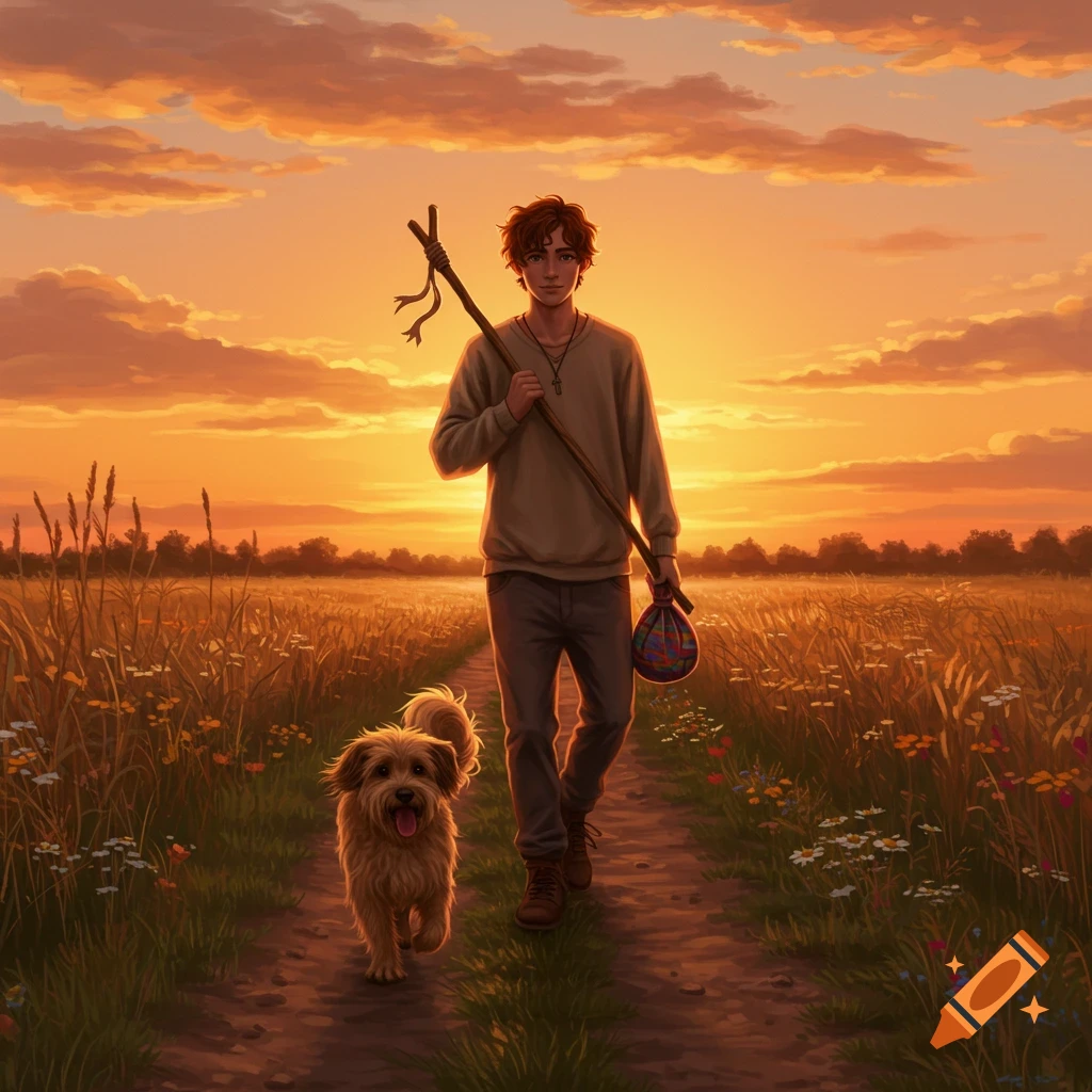 A young man and his dog walk along a dirt path through a golden field at sunset, digital art.
