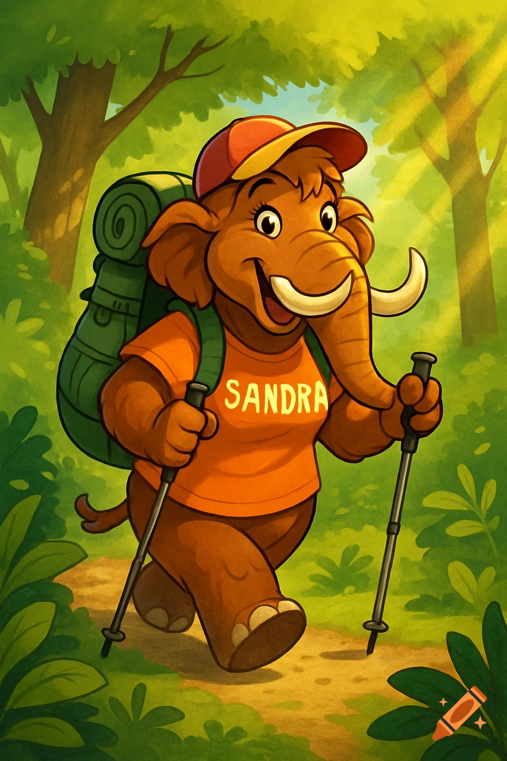 A cheerful cartoon mammoth in a baseball cap and 'Sandra' T-shirt hikes through a sunny forest with a backpack and walking poles.