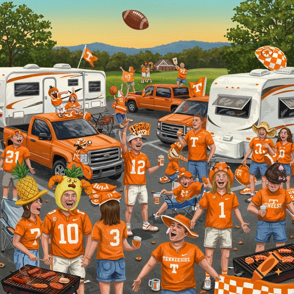 An energetic illustration of a football tailgate party with many people in orange shirts, RVs, trucks, and grills in a parking lot. A football is in the air.