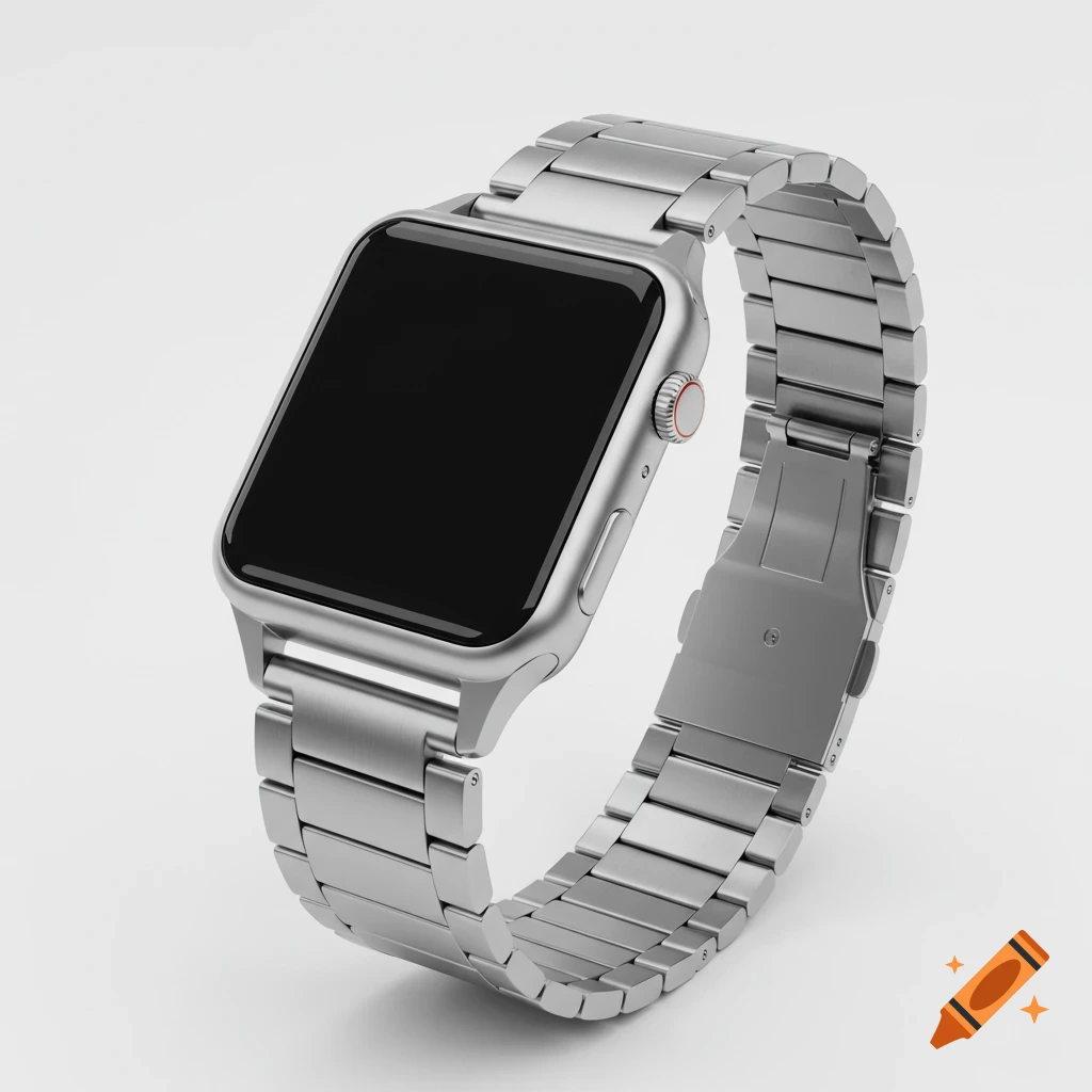 A silver smartwatch with a black screen and metal band on a white background, captured in a photorealistic studio style.
