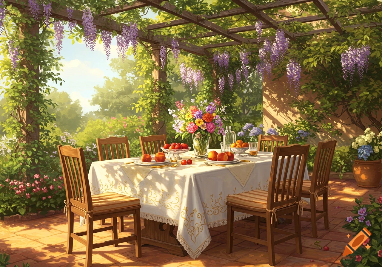 A vibrant painting of an outdoor dining table set under a wisteria-covered pergola, surrounded by a lush garden.