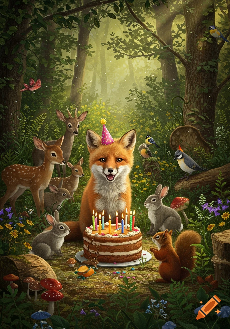 A whimsical illustration of a happy fox in a party hat celebrating a birthday with a cake and various forest animals in a lush forest.