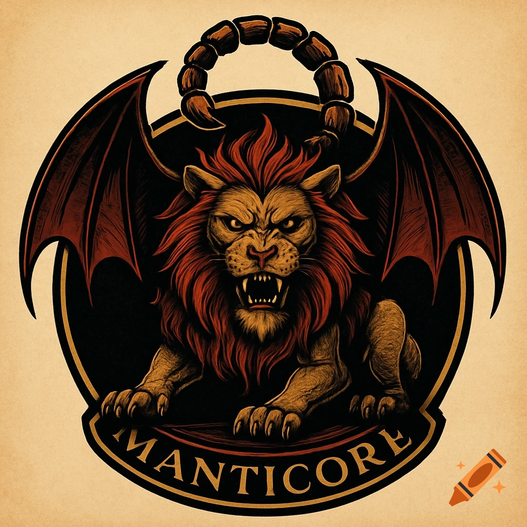 A stylized logo of a fierce manticore with a lion's head, bat wings, and a scorpion tail, on a dark background.