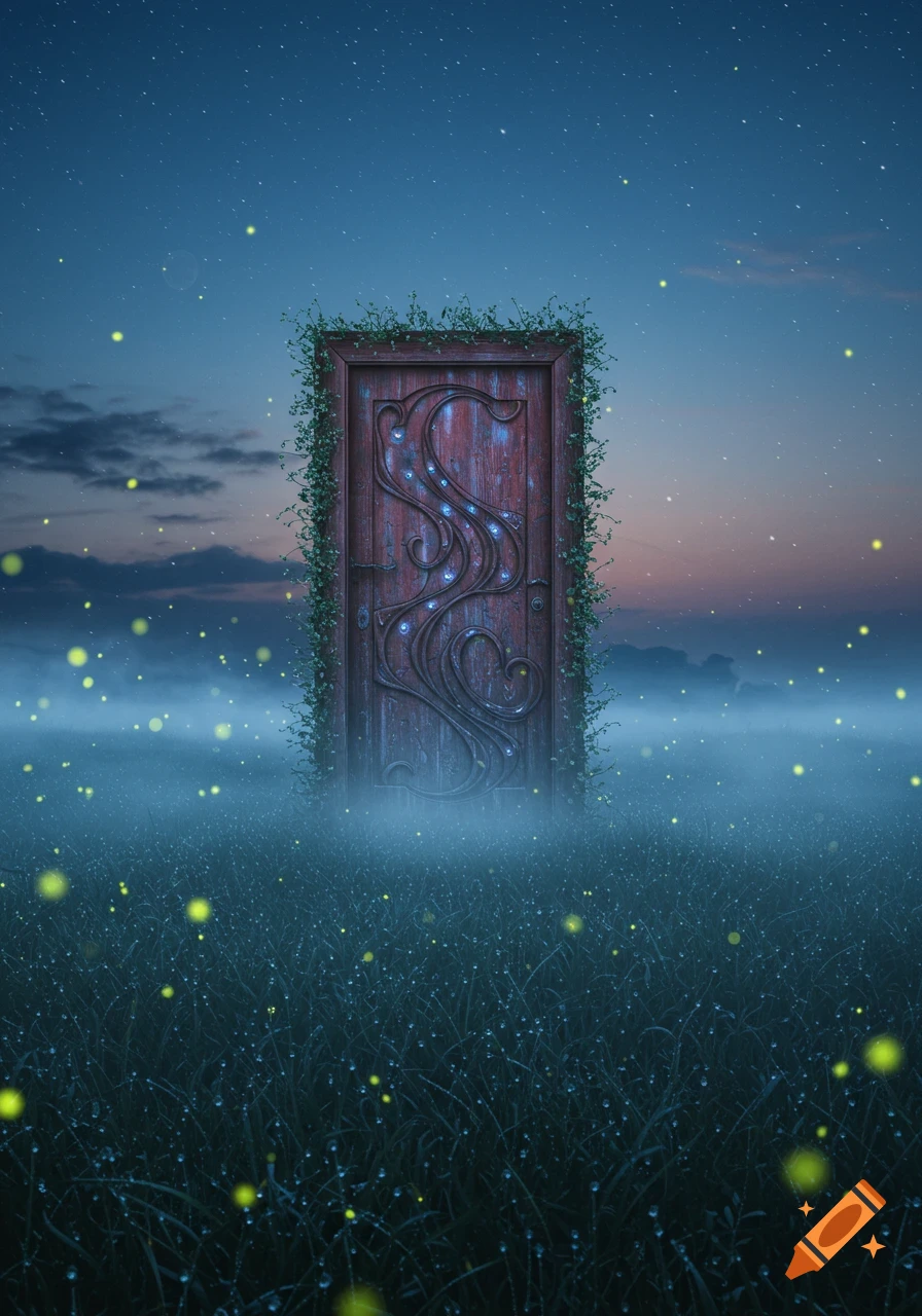 A rustic, ornate wooden door with glowing blue carvings stands in a misty field under a starry twilight sky with fireflies.