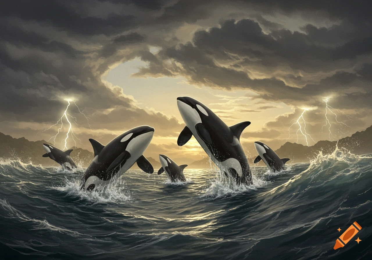 Five orcas leap from stormy ocean waves under a dark, lightning-filled sky.