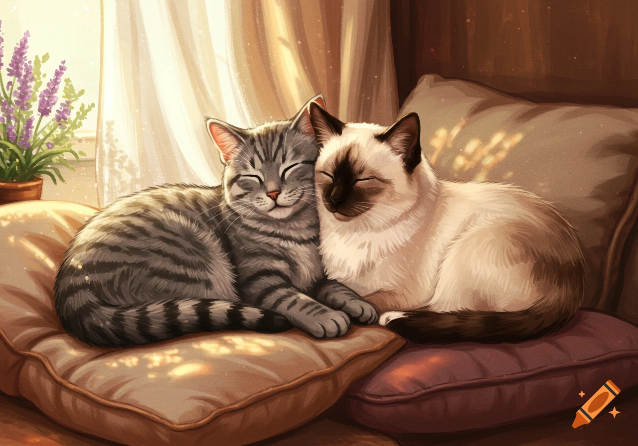 A grey tabby cat and a chocolate point Birman cat snuggling on brown pillows in warm sunlight, digital art.