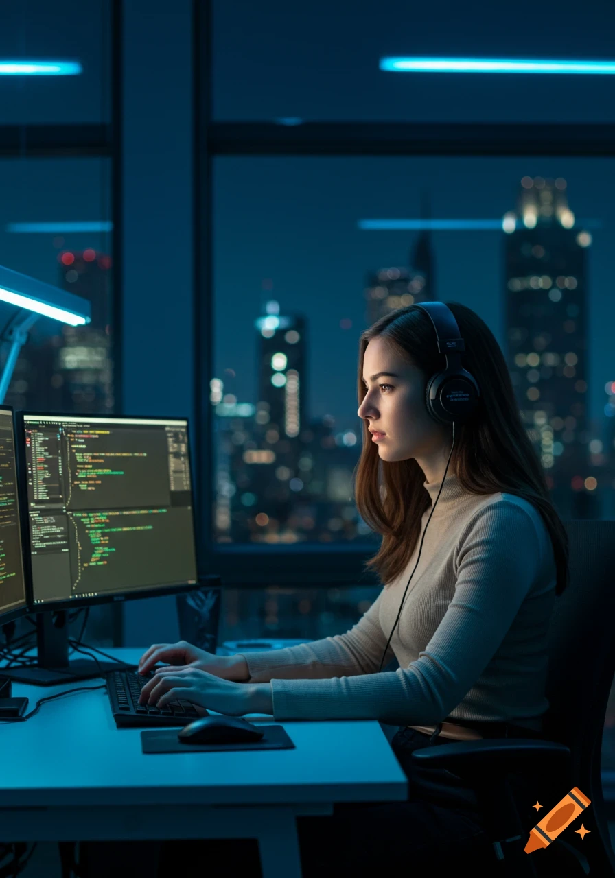 A young brown-haired woman wearing headphones works on a computer with code on the screen in a modern office at night, cityscape visible outside.