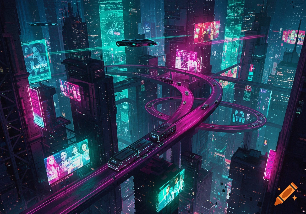 A vibrant, futuristic city at night with towering skyscrapers, glowing neon lights, intricate elevated highways with cars, and flying vehicles overhead.