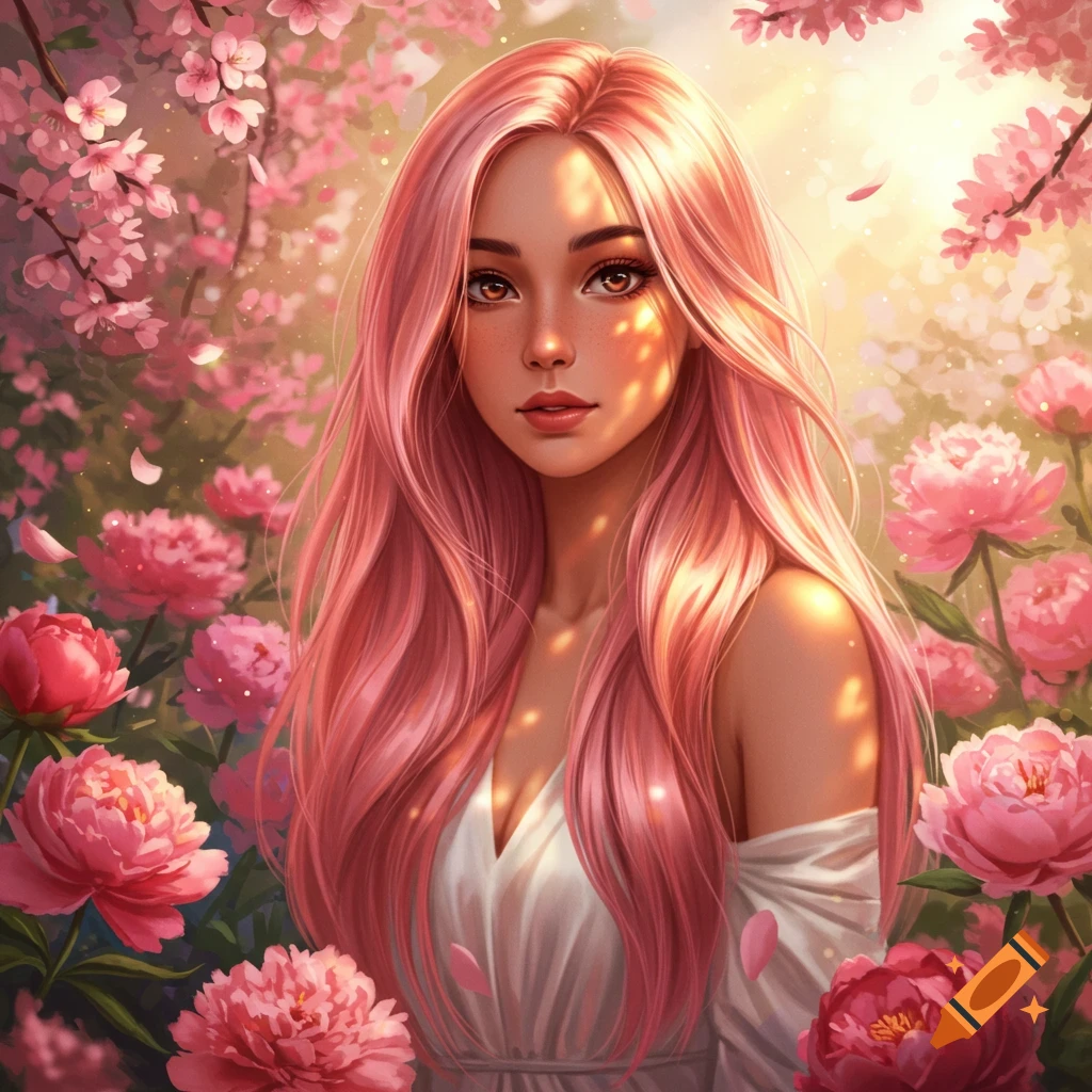 Digital art portrait of a woman with long pink hair and brown eyes in a white dress, surrounded by pink peonies and cherry blossoms.