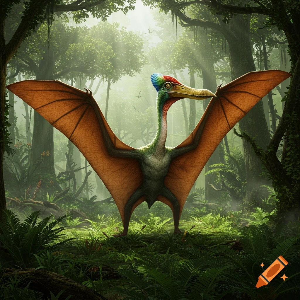 A large, colorful pterodactyl with orange wings and a green body stands in a sunlit, lush jungle.