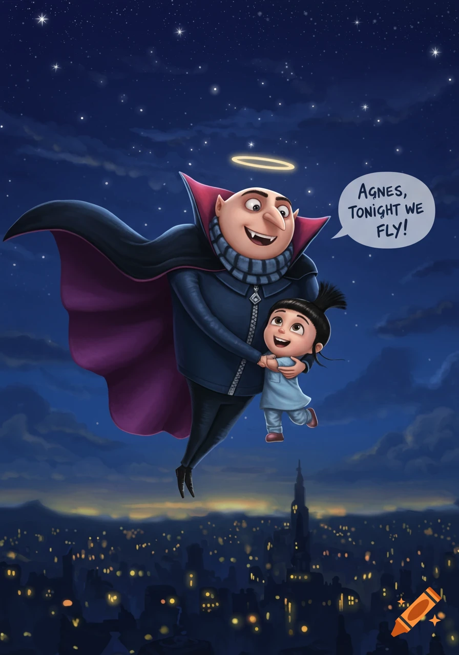 Gru dressed as a vampire, holding Agnes, flying above a city at night. A speech bubble says 'Agnes, Tonight we fly!'