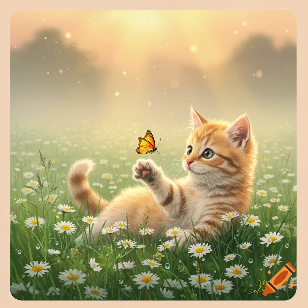 An orange tabby kitten with green eyes plays with a butterfly in a field of white daisies at sunset, illustrated.
