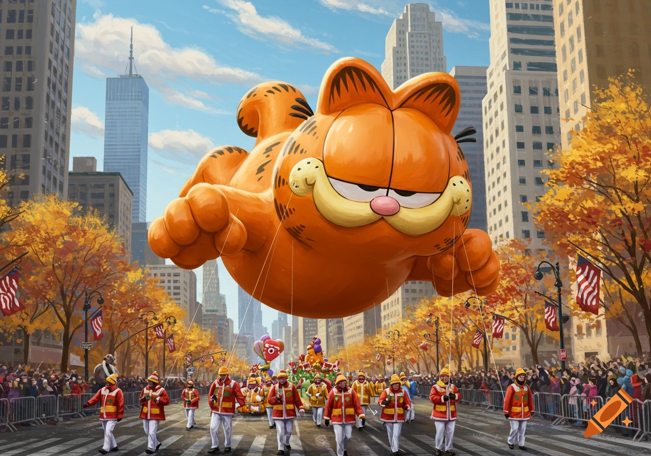 A giant Garfield balloon floats above a city street lined with trees with autumn leaves, parade marchers, and onlookers during a sunny parade.