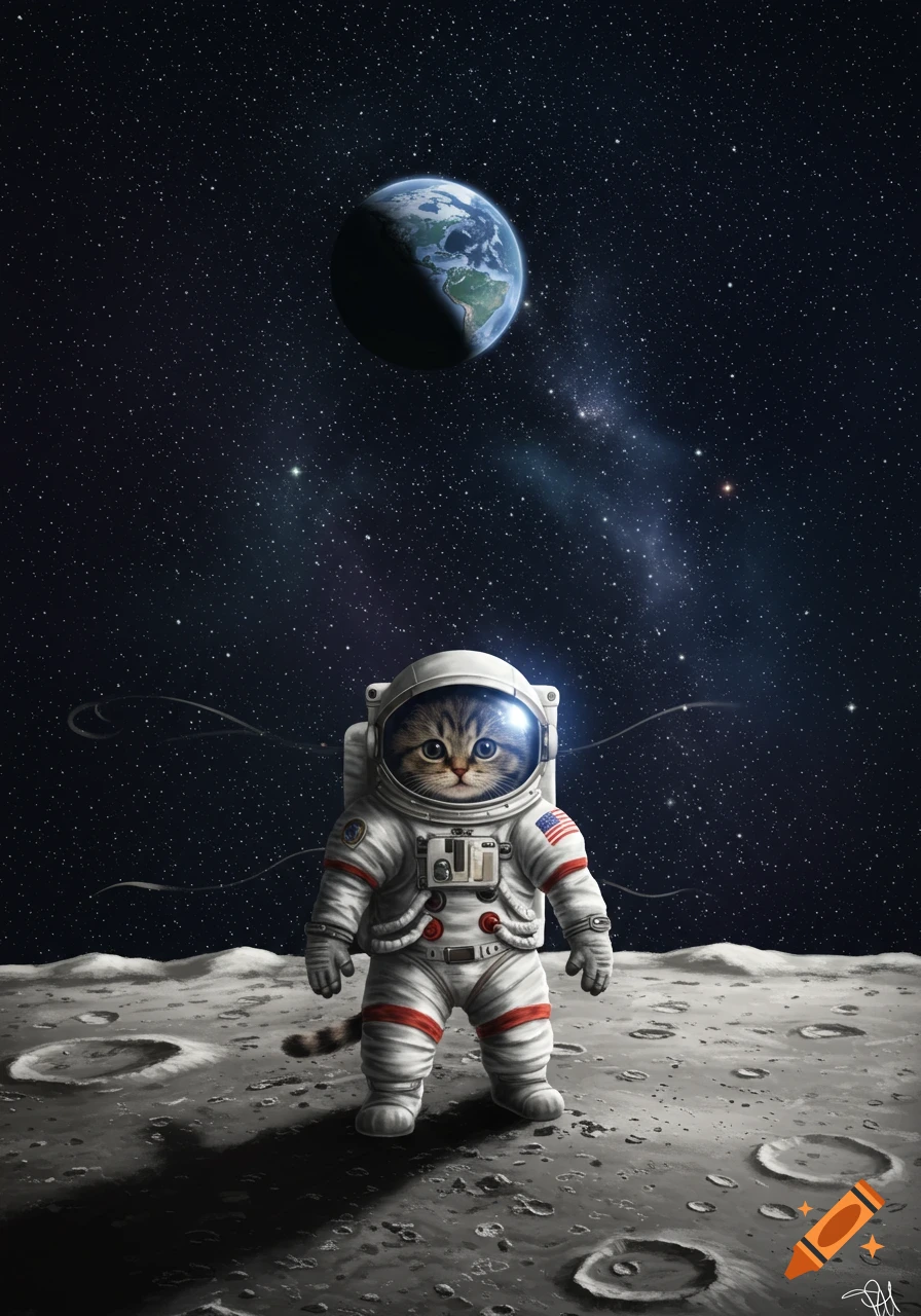 A cute tabby cat in a detailed astronaut suit stands on the moon's surface, looking up at Earth and a star-filled sky.
